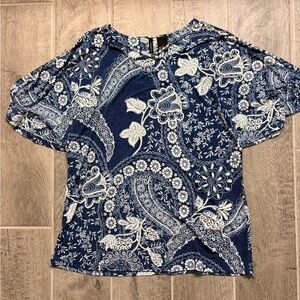 Blue Paisley Floral Flutter Sleeve Dress Top Size Large